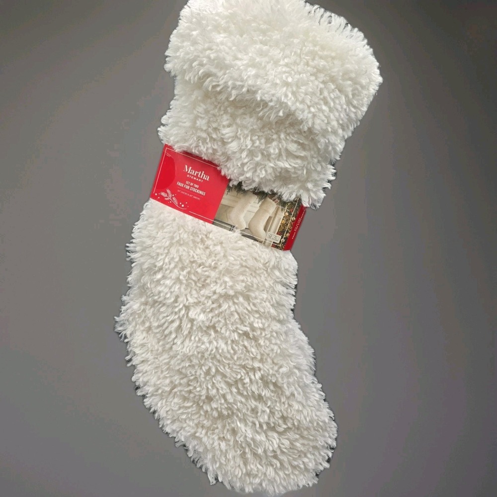 Martha Stewart Faux Fur Stockings Set of 2 White Plush Christmas Decor 22" & 26"